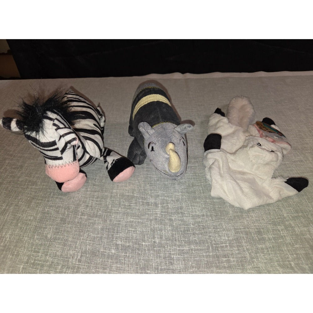 Lot of 3 Squeaky Dog Toys Zebra Rhino Stuffingless Rabbit Plush Pet Toy Bundle